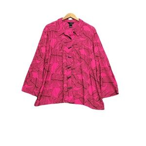 Ali Miles Womens Top 2X Embroidered Crinkle Shark Button Lagenlook Artsy Pink